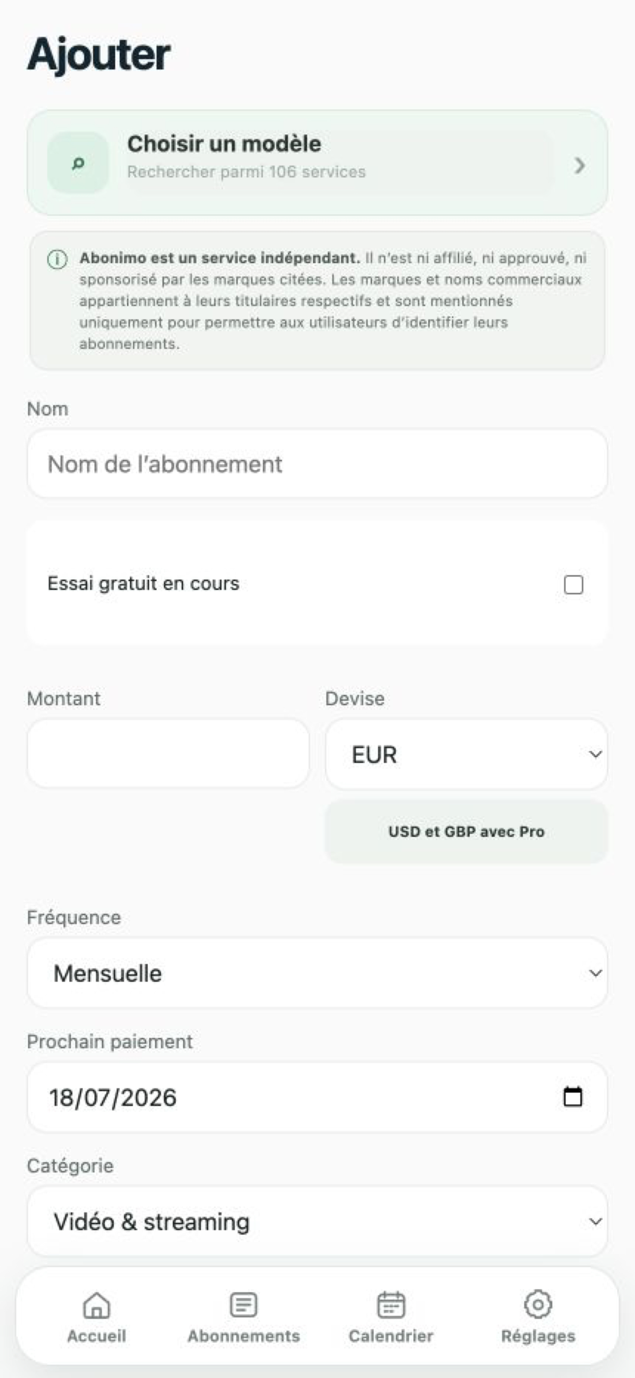 Formulaire Abonimo pour ajouter un abonnement avec devise, fréquence, catégorie et rappel