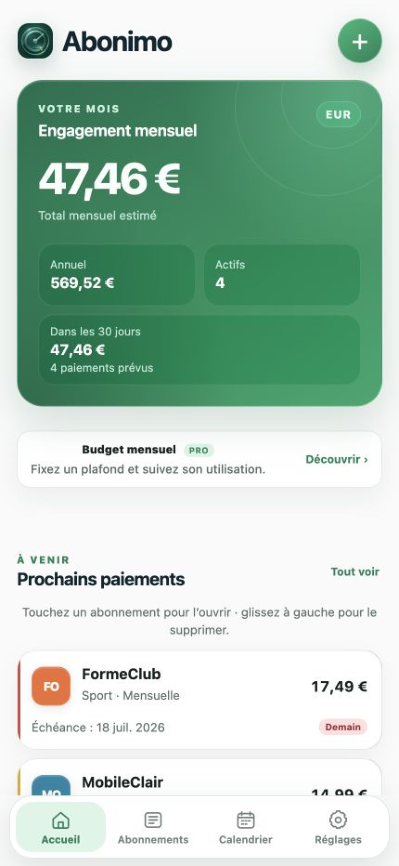 Tableau de bord Abonimo avec dépenses mensuelles et prochains paiements