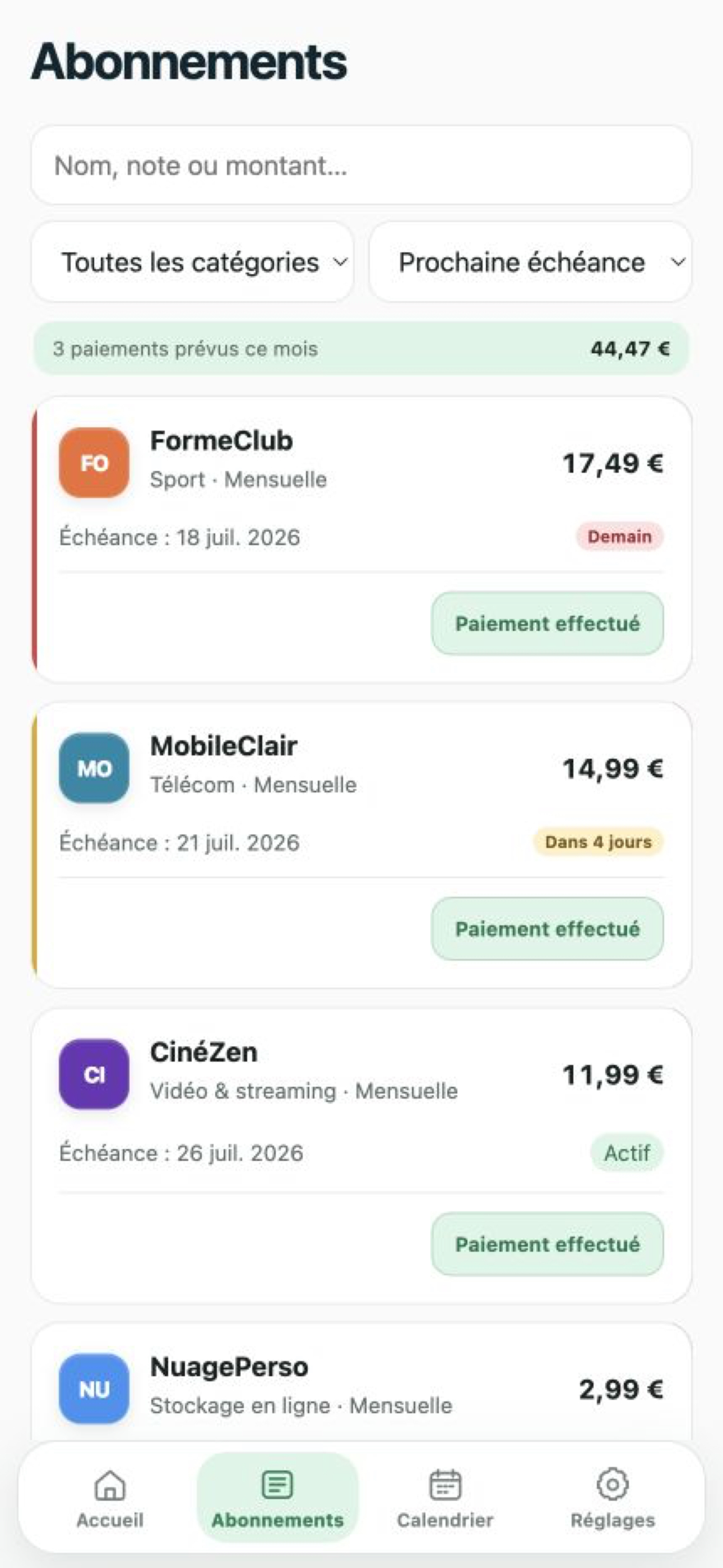 Liste des abonnements Abonimo avec recherche, filtres, échéances et état de paiement