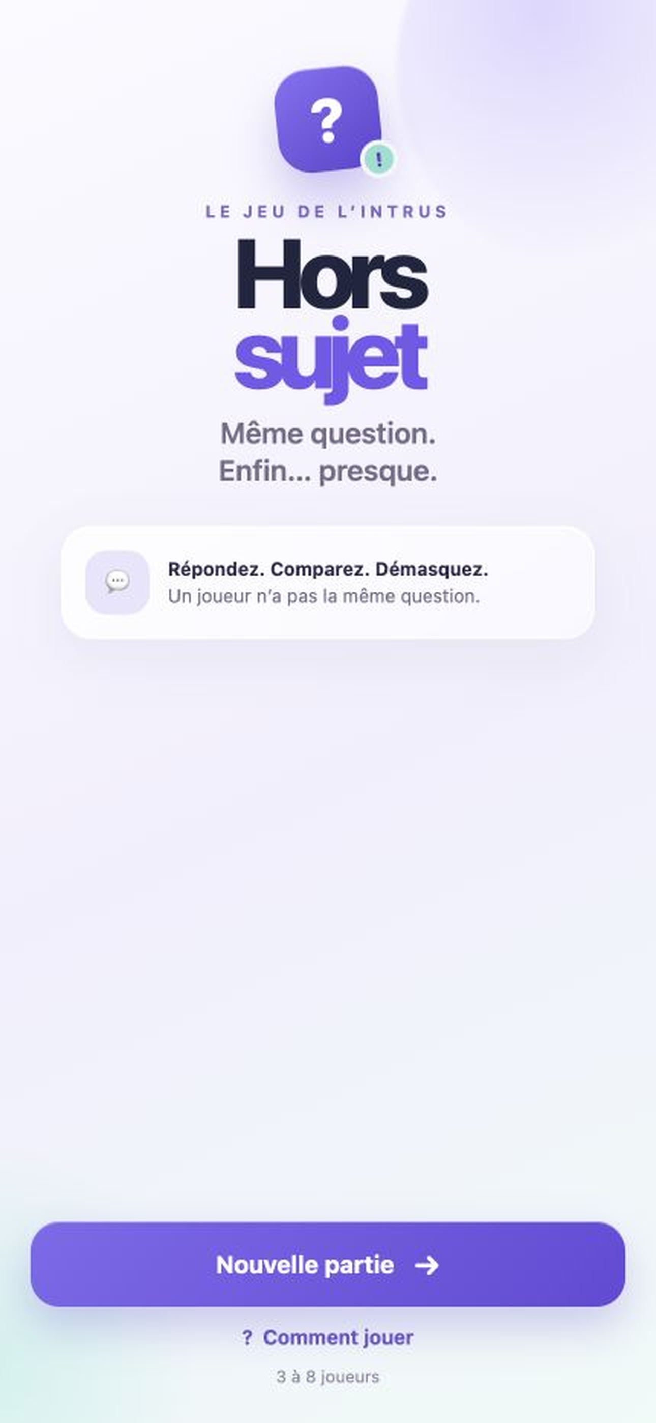 Hors sujet home screen with the new game button