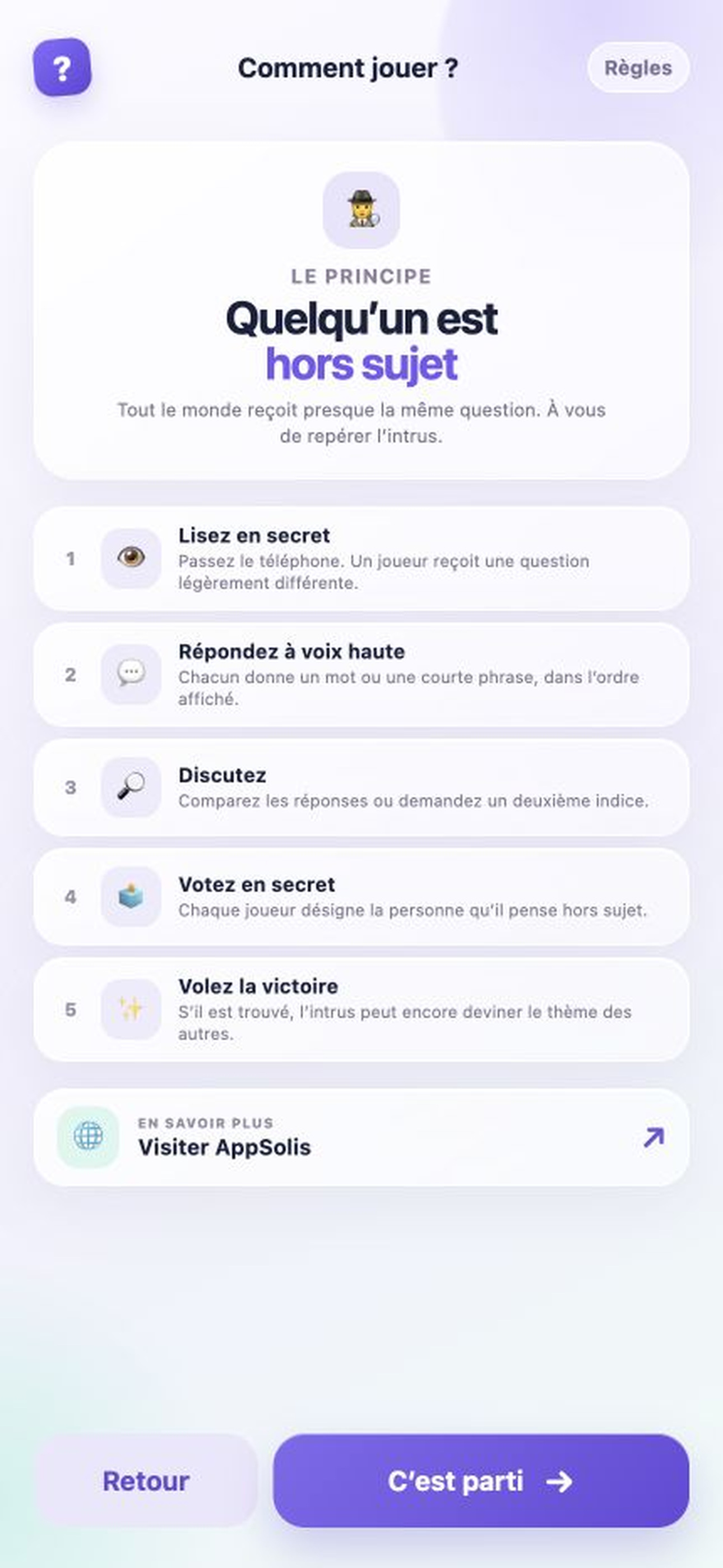 Hors sujet rules explaining the five stages of a round