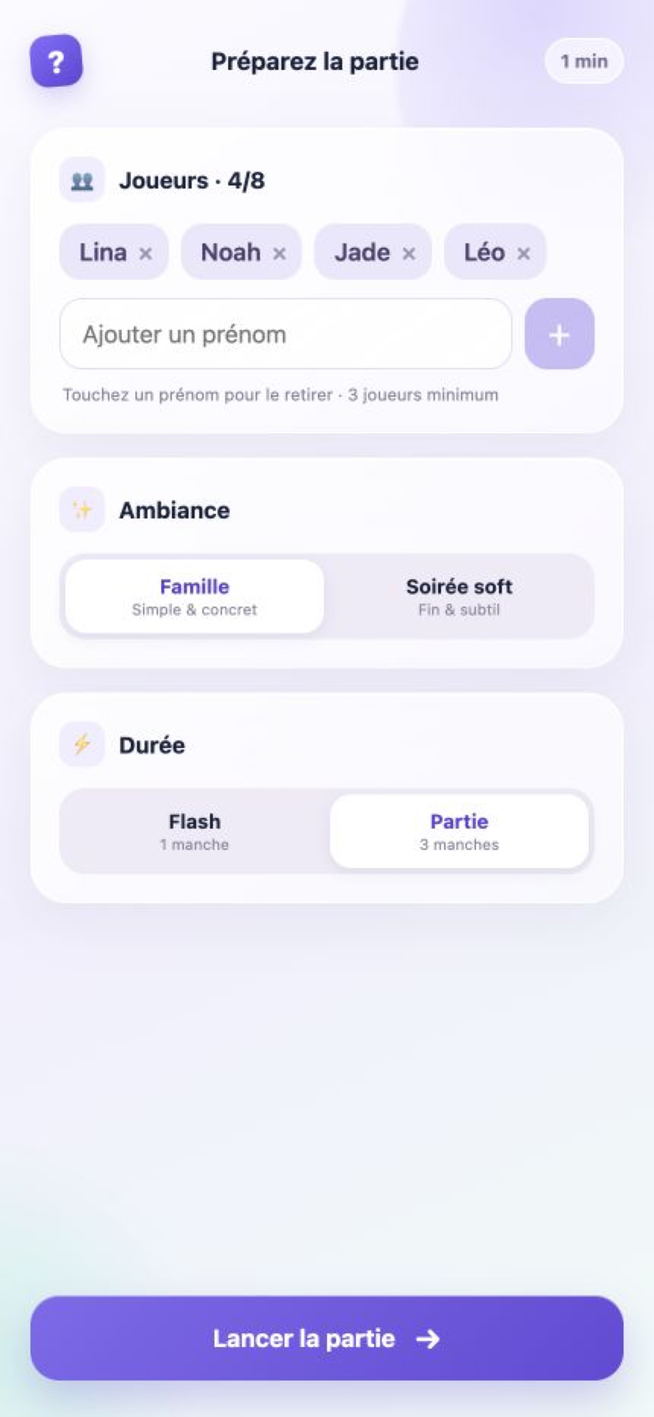 Hors sujet game setup with players, mood and duration