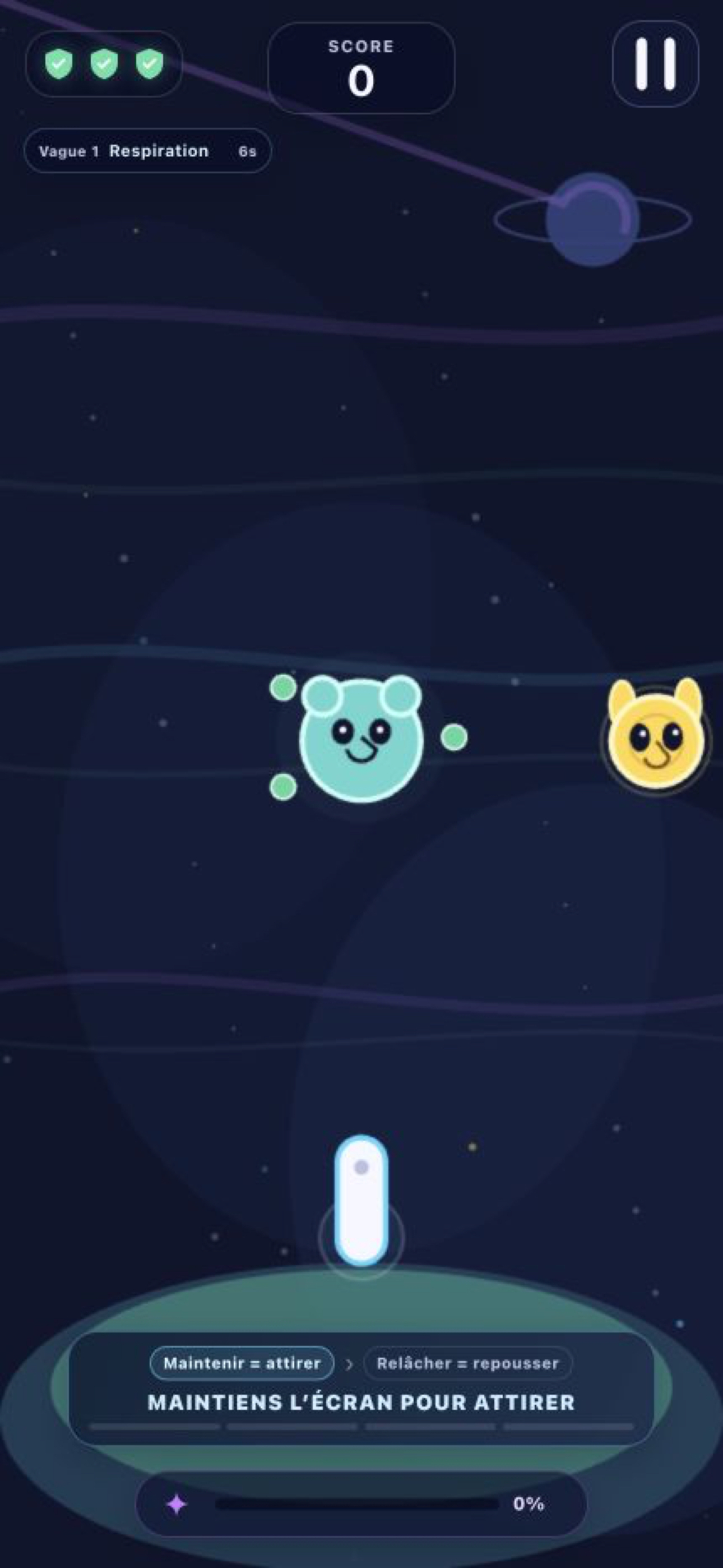 Magnéti’pop gameplay screen showing Lumos, Piks, score, protections and Pop gauge