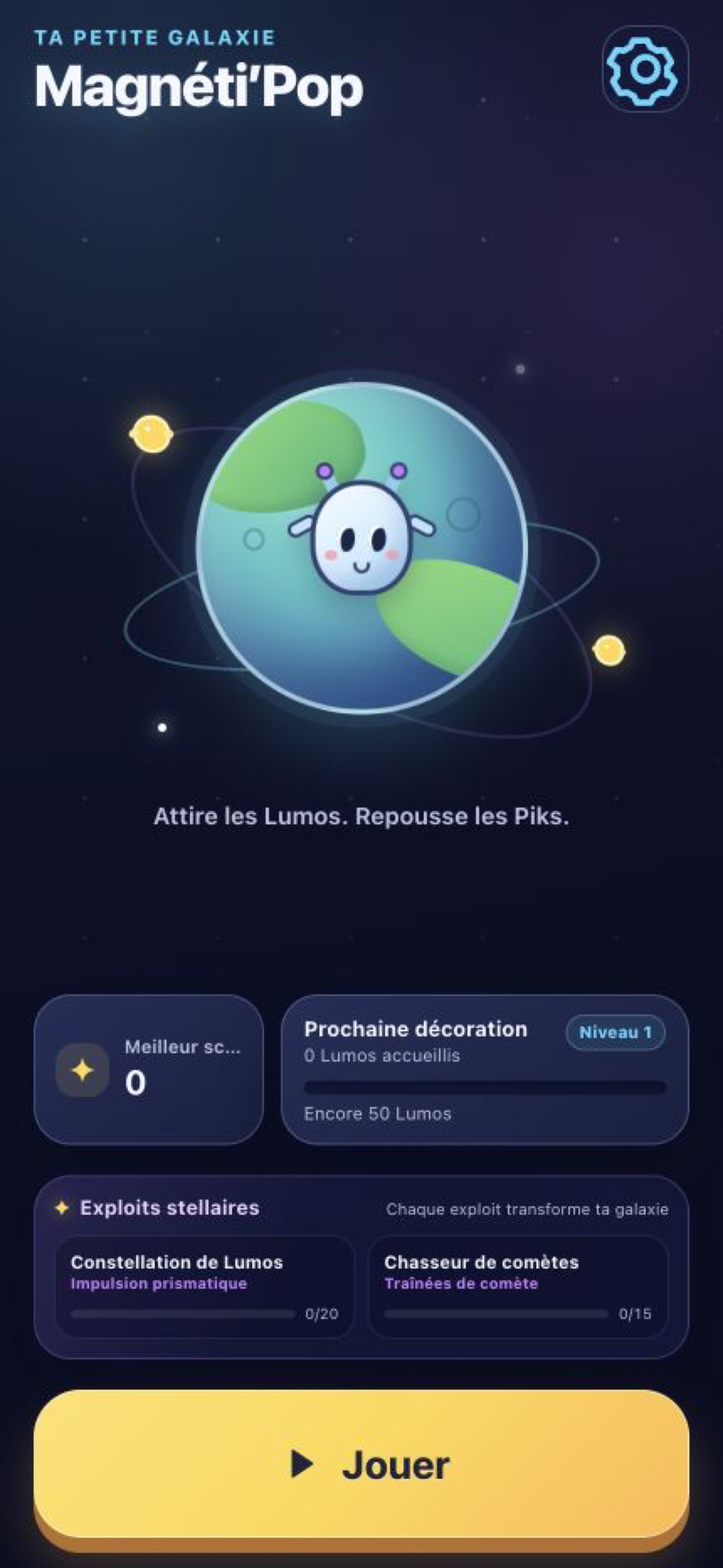 Magnéti’pop home screen with Mimo’s planet, progression and play button